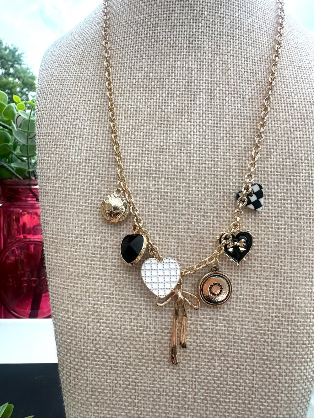 Gold-Tone Heart Charm Necklace with Black & White Accents